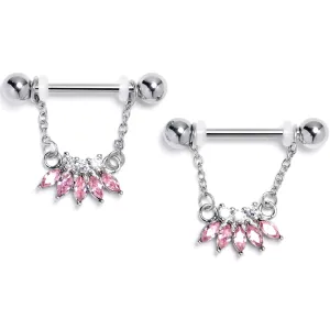 14 Gauge 9/16 Pink Gem Fashion Fan Chain Dangle Nipple Ring Set
