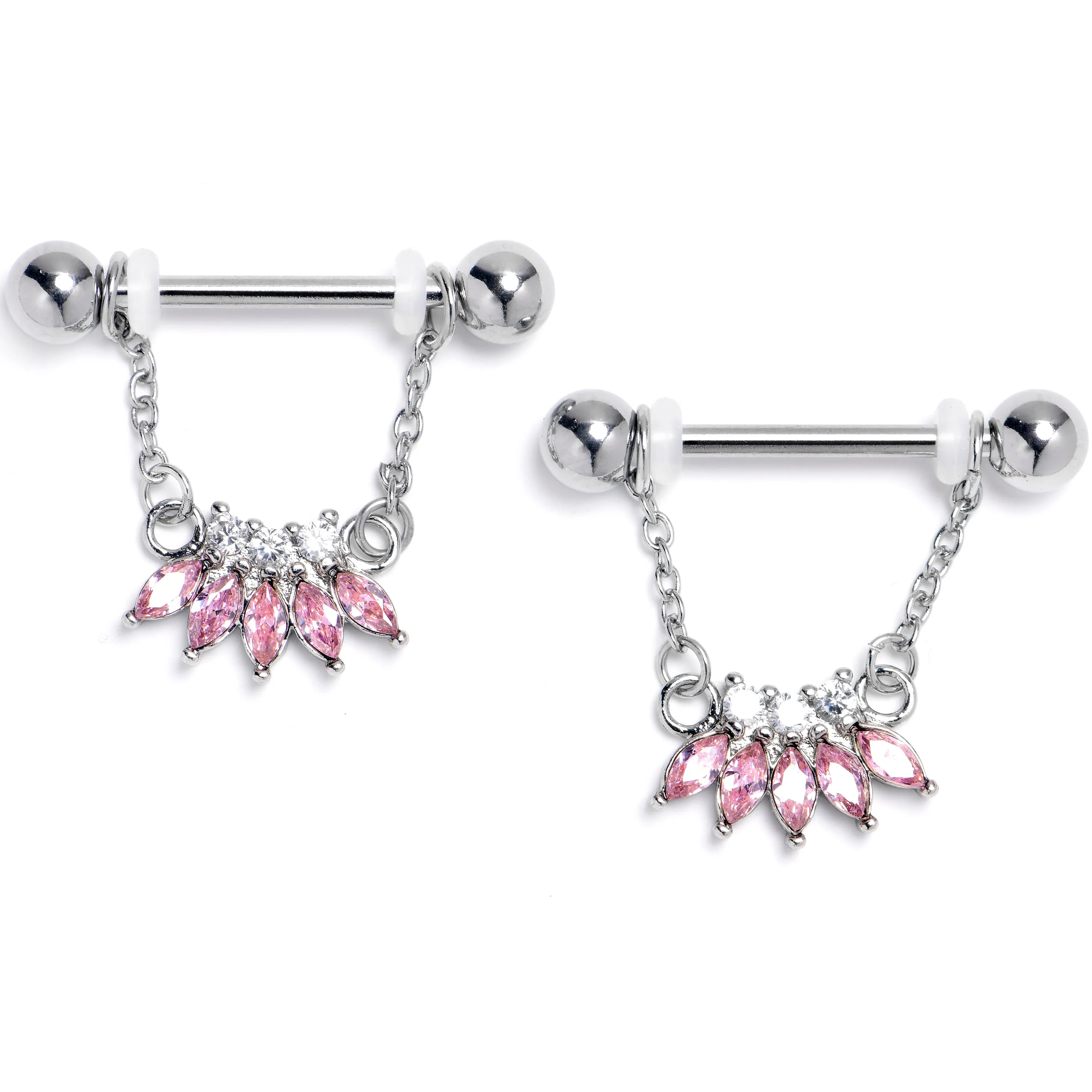 14 Gauge 9/16 Pink Gem Fashion Fan Chain Dangle Nipple Ring Set