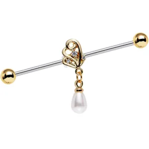 14 Gauge White Orb Winged Wonder Dangle Industrial Barbell 38mm