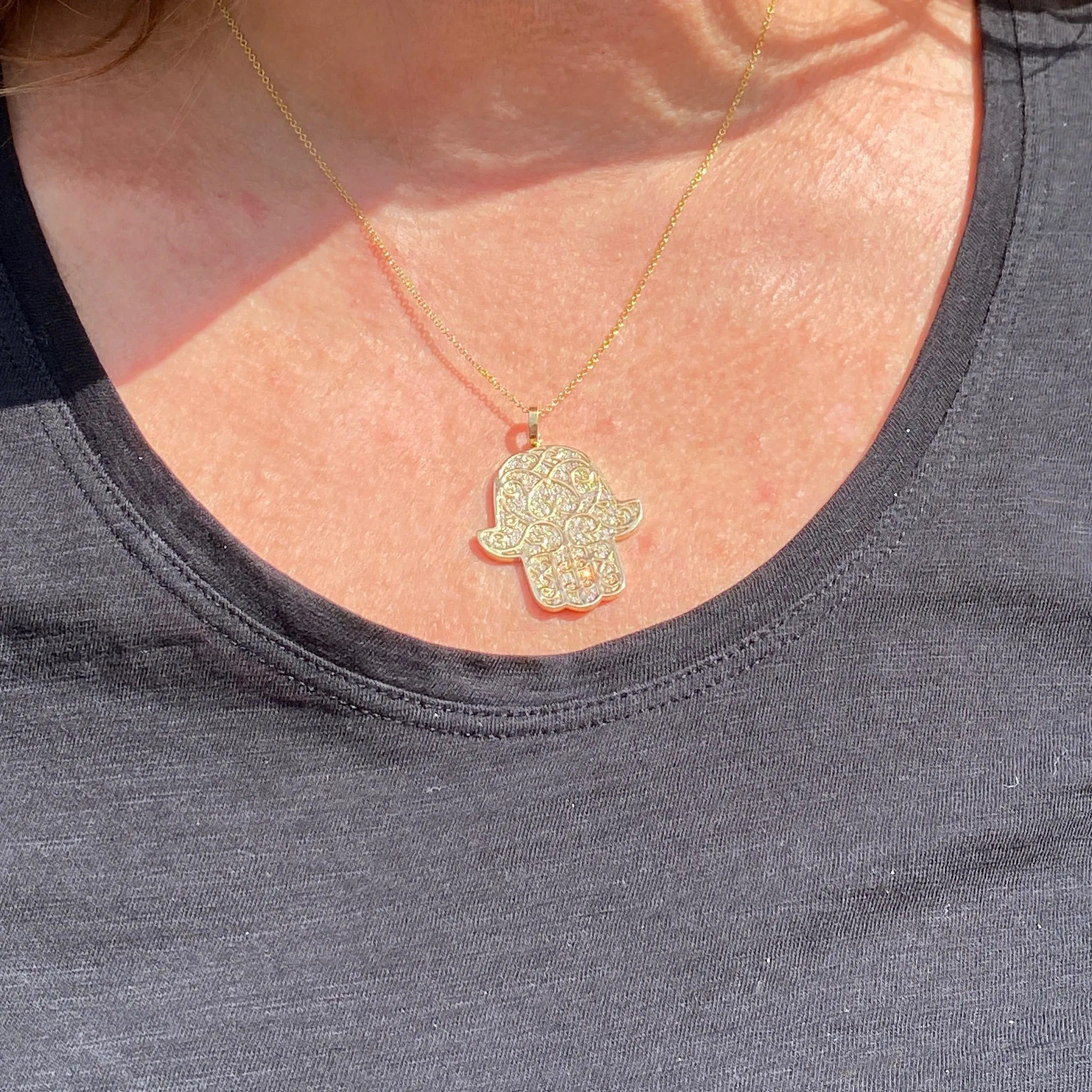 14K Yellow Gold Hamsa Pendant Necklace 0.90 CTW with Adjustable Chain Length