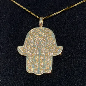 14K Yellow Gold Hamsa Pendant Necklace 0.90 CTW with Adjustable Chain Length