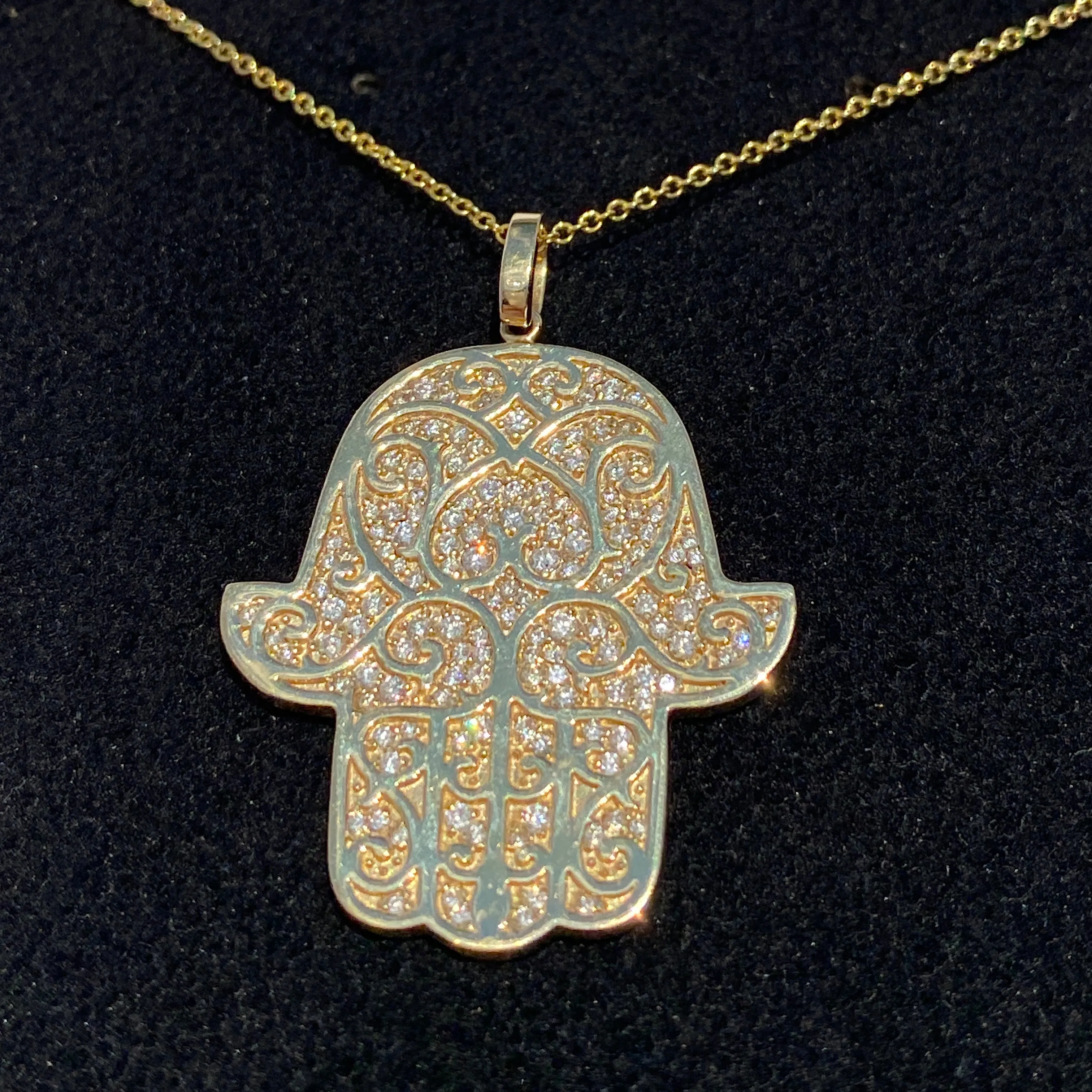 14K Yellow Gold Hamsa Pendant Necklace 0.90 CTW with Adjustable Chain Length