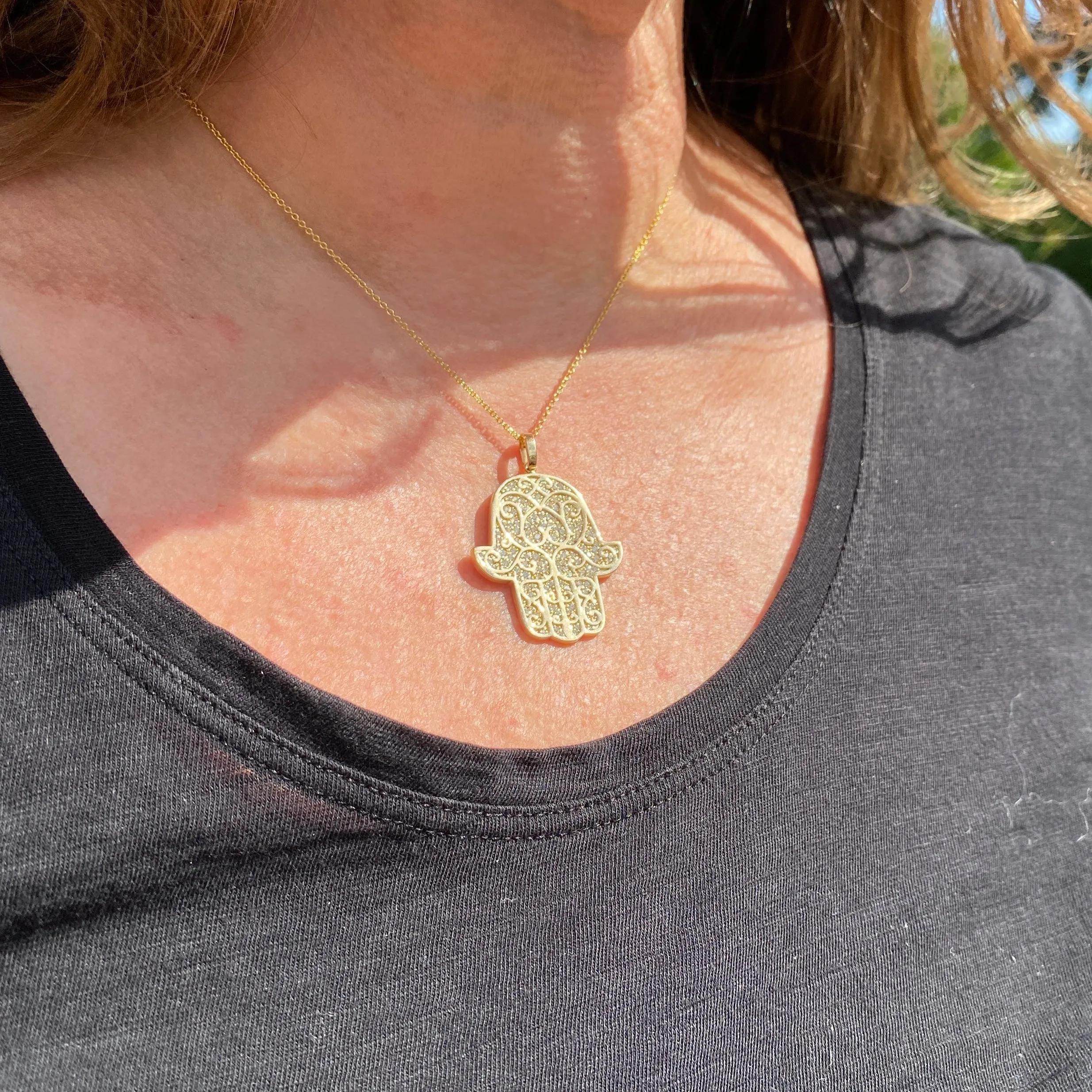 14K Yellow Gold Hamsa Pendant Necklace 0.90 CTW with Adjustable Chain Length