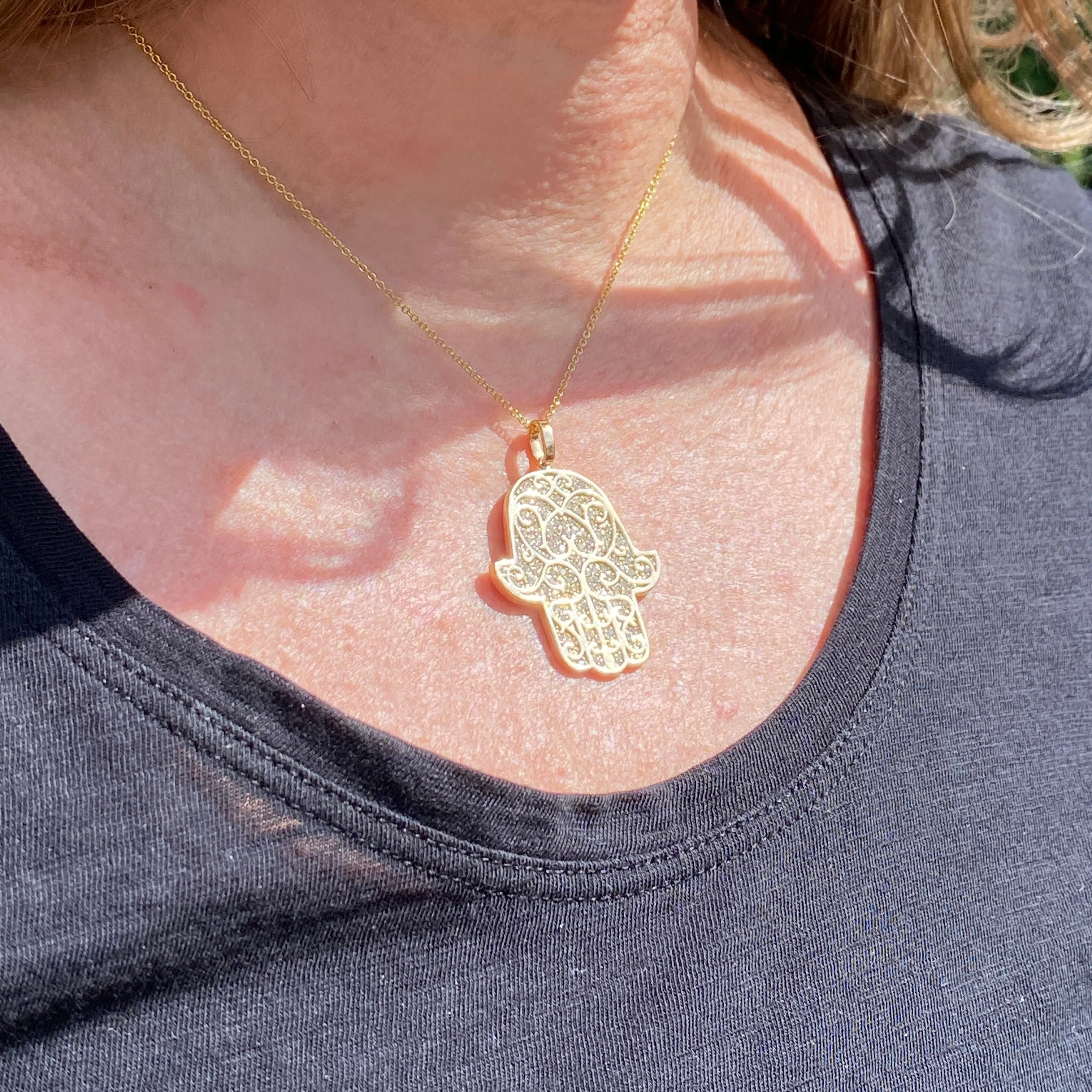 14K Yellow Gold Hamsa Pendant Necklace 0.90 CTW with Adjustable Chain Length