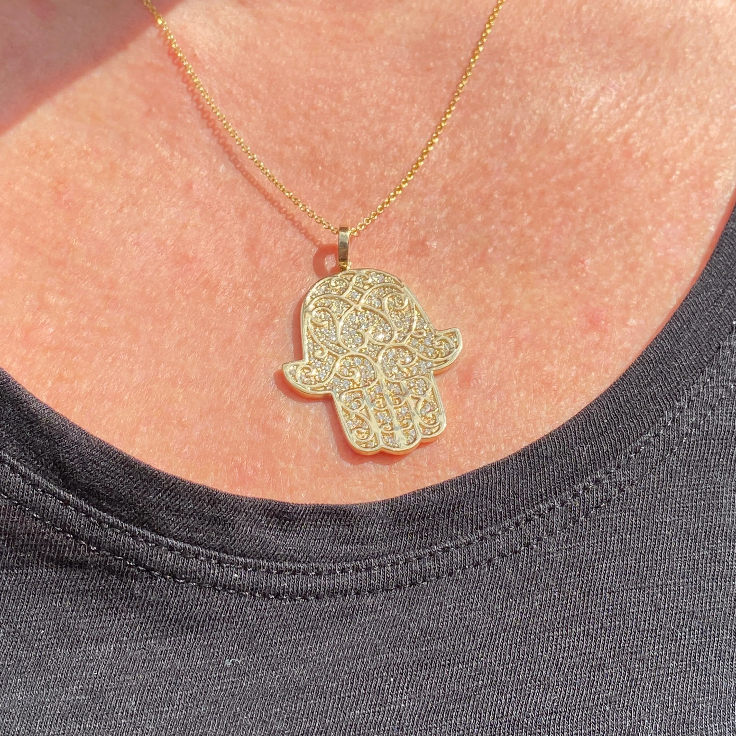 14K Yellow Gold Hamsa Pendant Necklace 0.90 CTW with Adjustable Chain Length