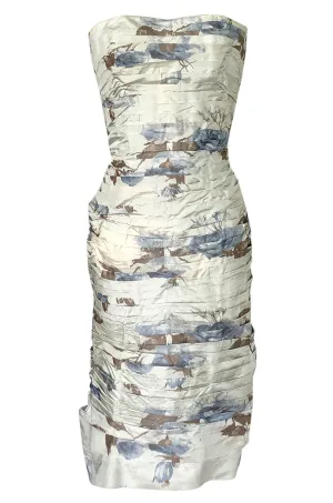 1950s Philip Hulitar Couture Floral Printed Silk Knife Pleated Dress