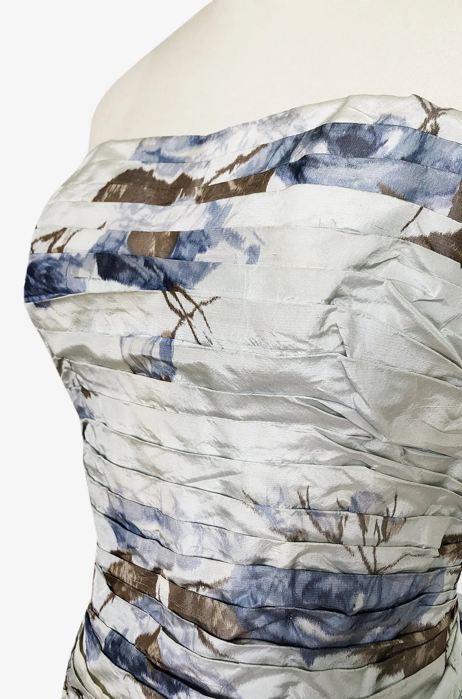 1950s Philip Hulitar Couture Floral Printed Silk Knife Pleated Dress