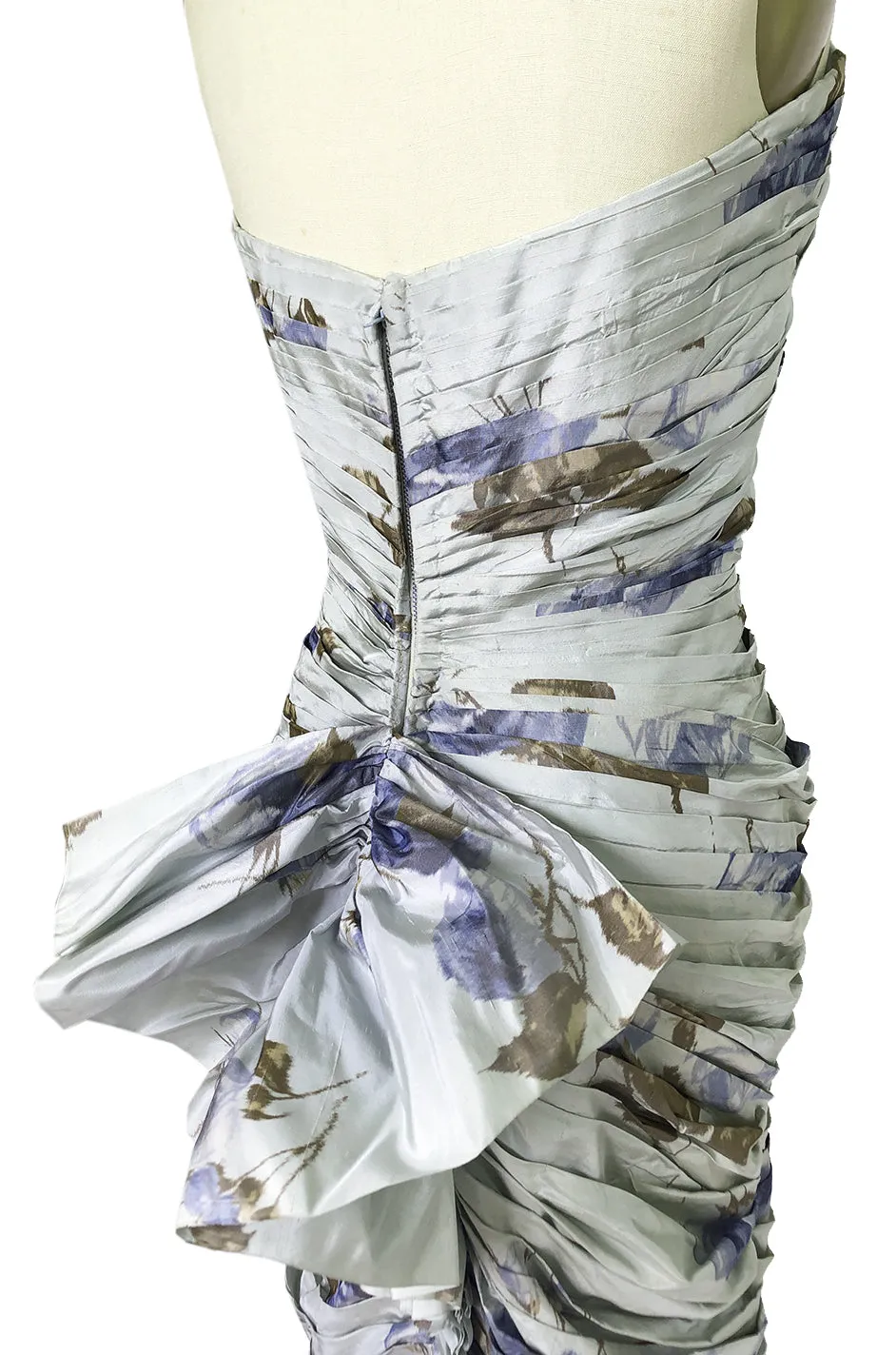 1950s Philip Hulitar Couture Floral Printed Silk Knife Pleated Dress