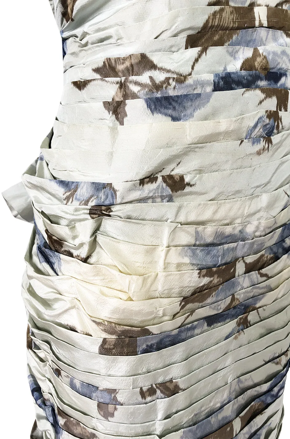 1950s Philip Hulitar Couture Floral Printed Silk Knife Pleated Dress