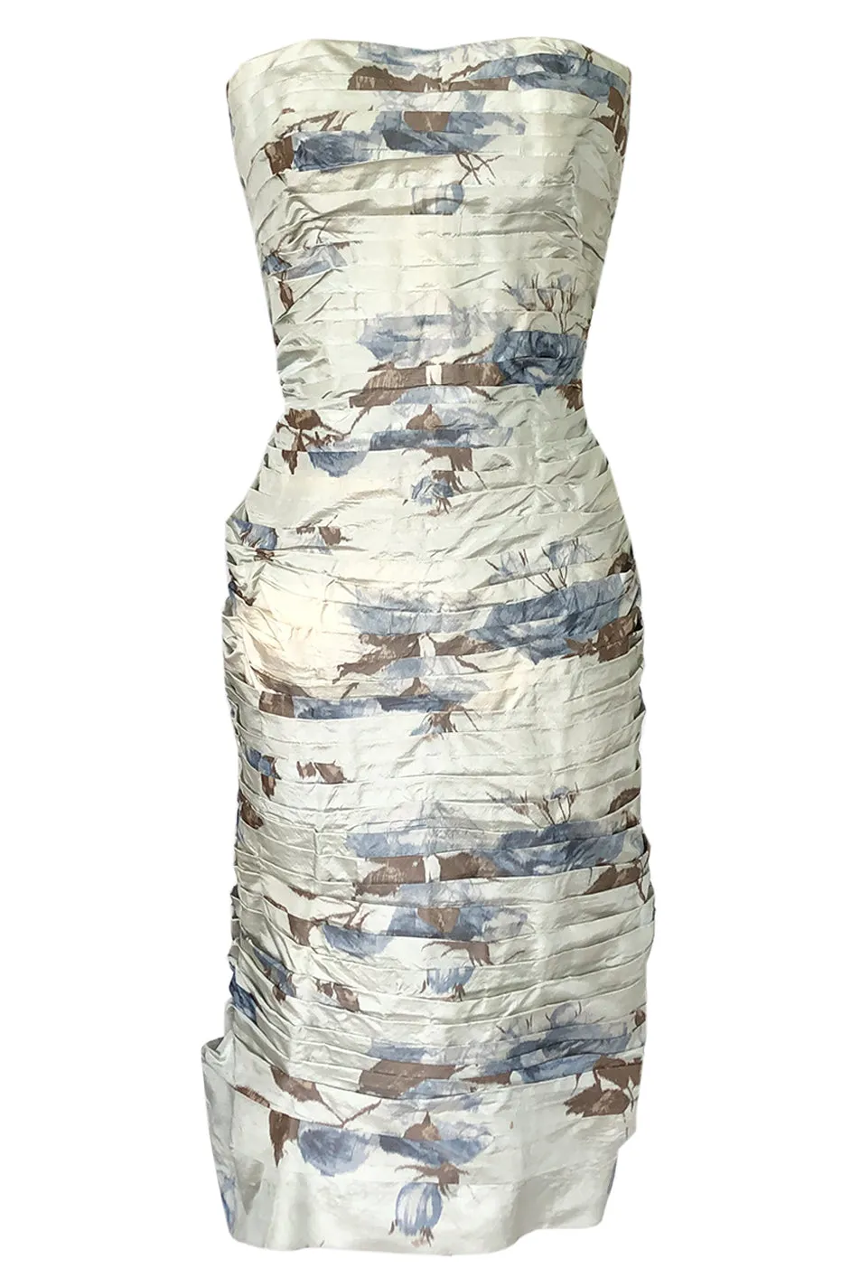1950s Philip Hulitar Couture Floral Printed Silk Knife Pleated Dress