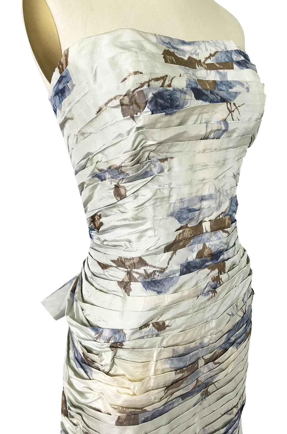 1950s Philip Hulitar Couture Floral Printed Silk Knife Pleated Dress