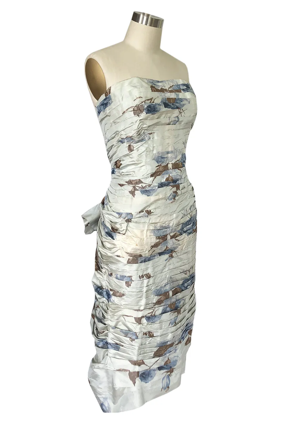 1950s Philip Hulitar Couture Floral Printed Silk Knife Pleated Dress