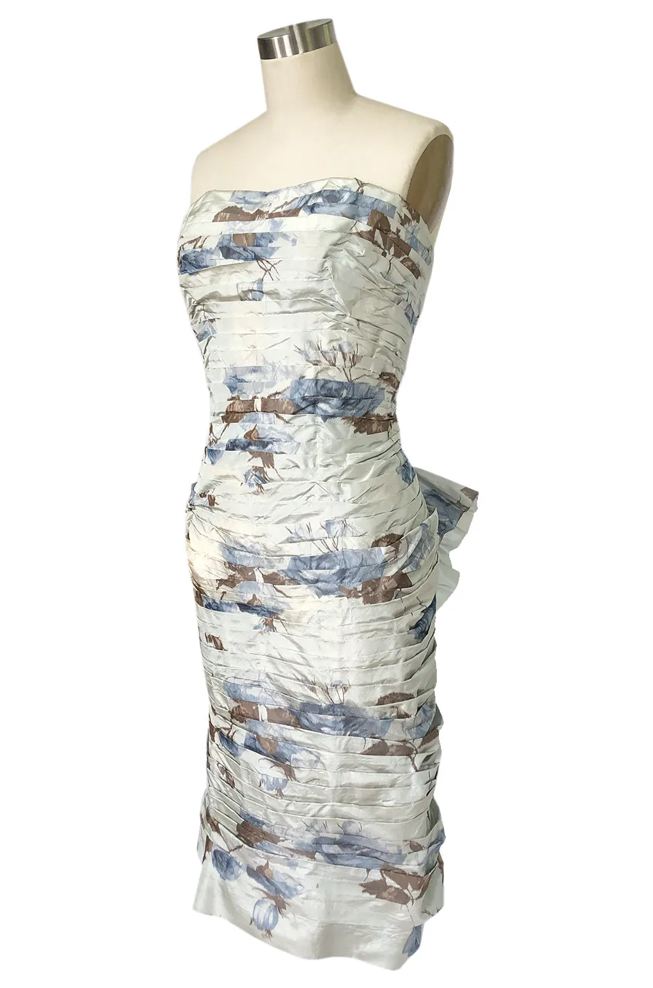 1950s Philip Hulitar Couture Floral Printed Silk Knife Pleated Dress