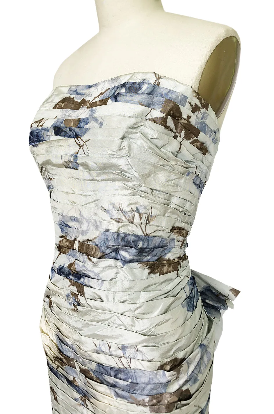 1950s Philip Hulitar Couture Floral Printed Silk Knife Pleated Dress