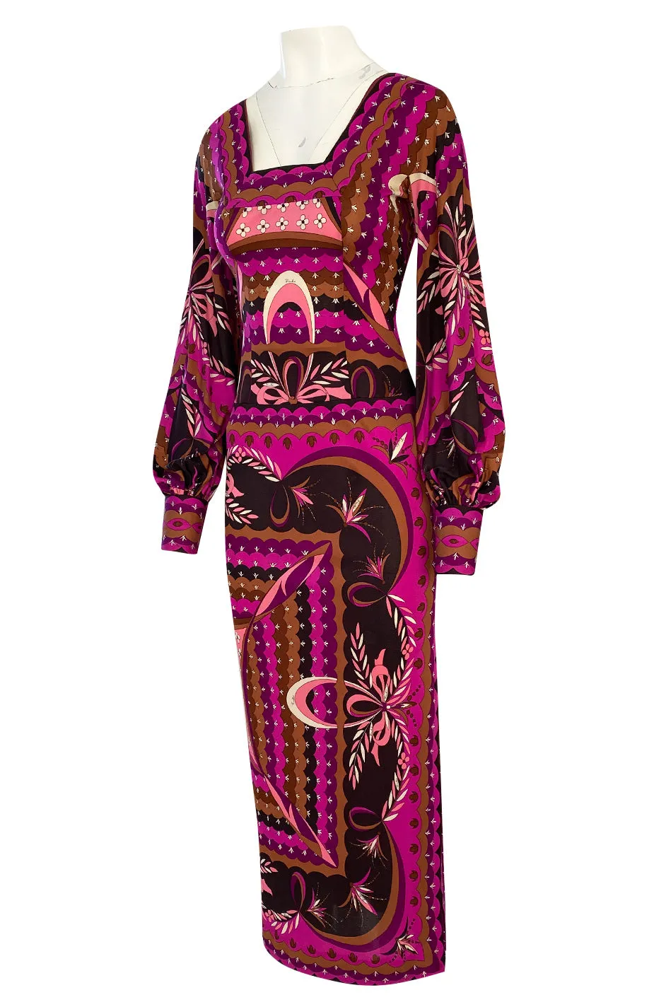 1960s Emilio Pucci Pink Floral & Ribbon Print Silk Jersey Dress w Matching Silk Chiffon Scarf