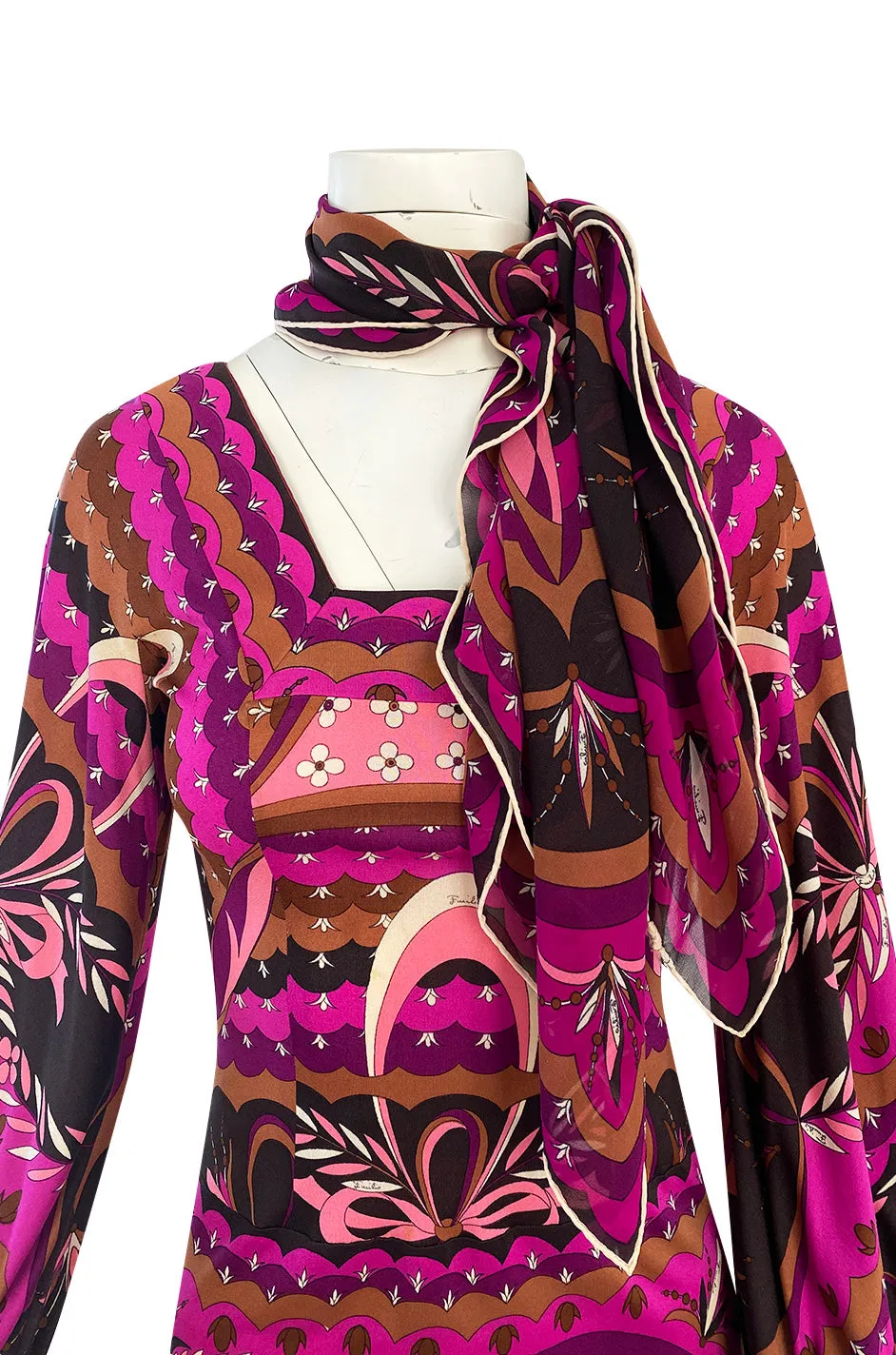 1960s Emilio Pucci Pink Floral & Ribbon Print Silk Jersey Dress w Matching Silk Chiffon Scarf