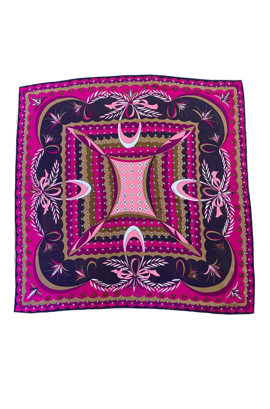 1960s Emilio Pucci Pink Floral & Ribbon Print Silk Jersey Dress w Matching Silk Chiffon Scarf