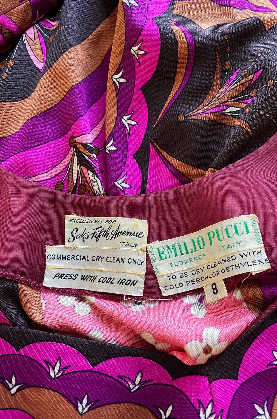 1960s Emilio Pucci Pink Floral & Ribbon Print Silk Jersey Dress w Matching Silk Chiffon Scarf