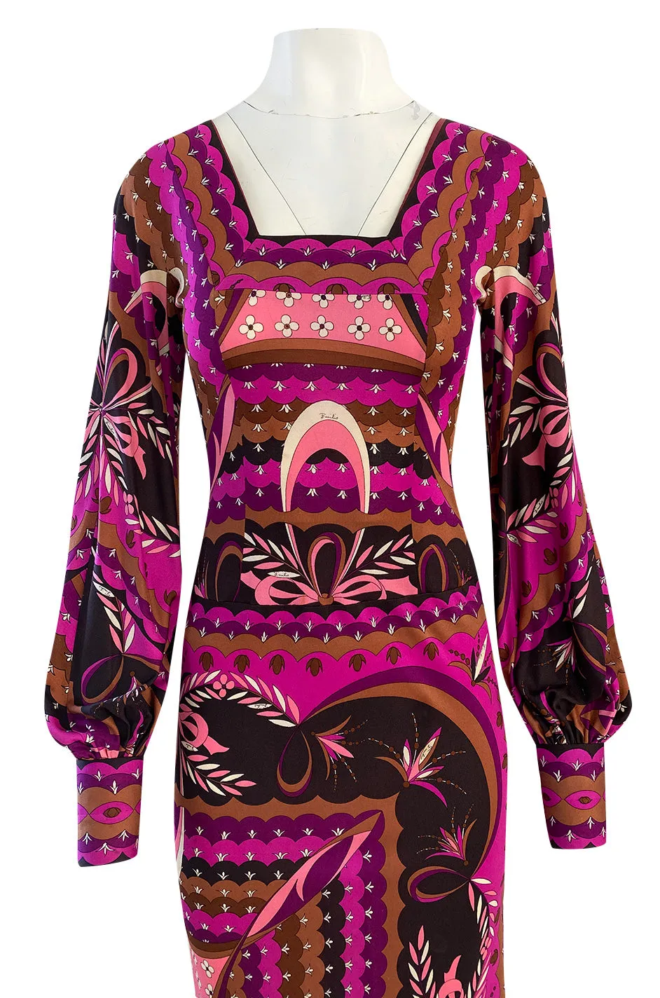 1960s Emilio Pucci Pink Floral & Ribbon Print Silk Jersey Dress w Matching Silk Chiffon Scarf