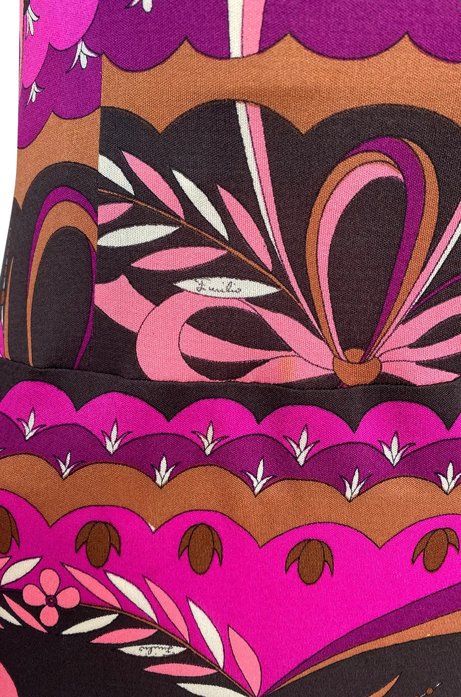1960s Emilio Pucci Pink Floral & Ribbon Print Silk Jersey Dress w Matching Silk Chiffon Scarf