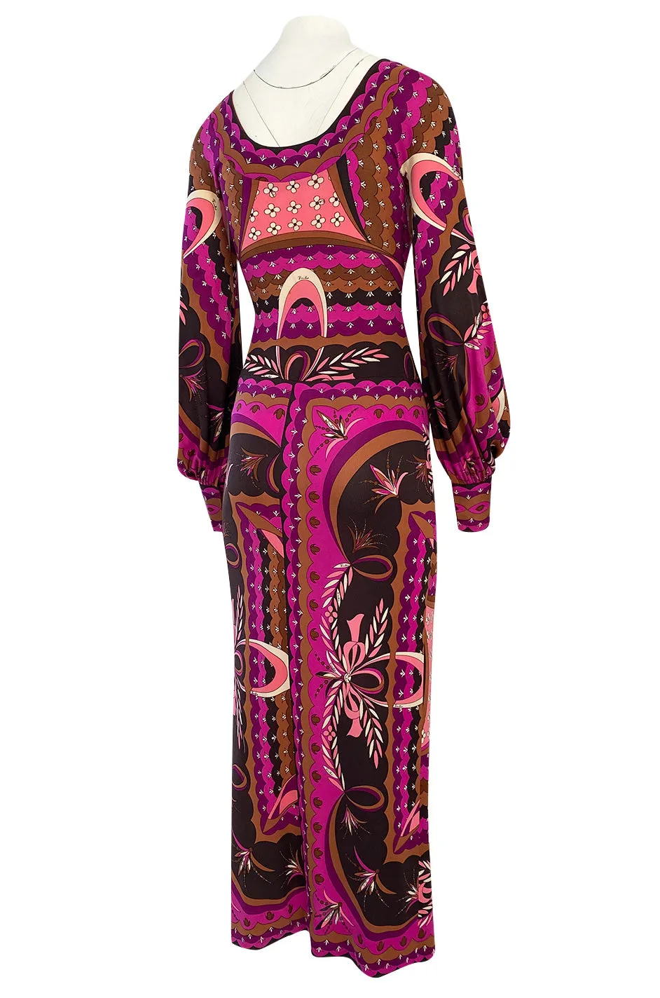 1960s Emilio Pucci Pink Floral & Ribbon Print Silk Jersey Dress w Matching Silk Chiffon Scarf
