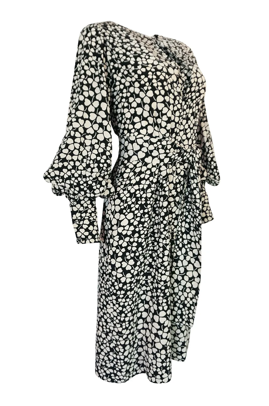 1960s James Galanos Clover & Heart Billow Sleeve Silk Dress