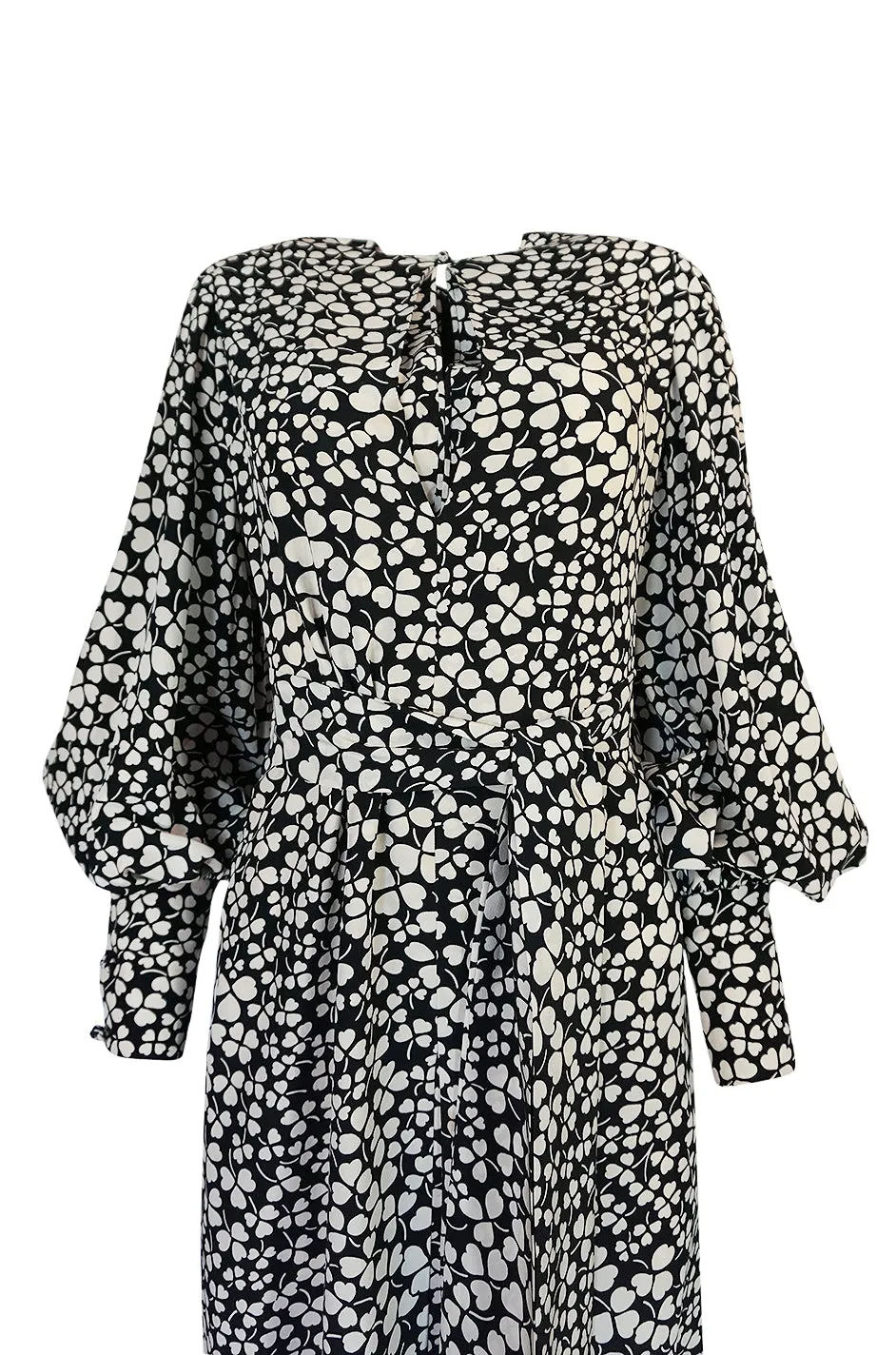 1960s James Galanos Clover & Heart Billow Sleeve Silk Dress