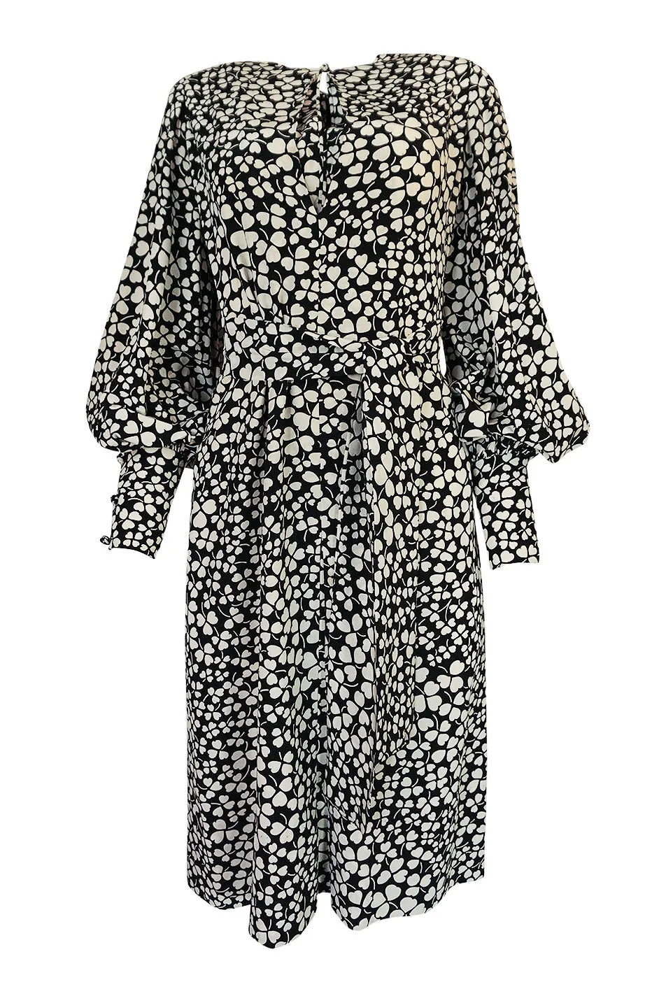1960s James Galanos Clover & Heart Billow Sleeve Silk Dress