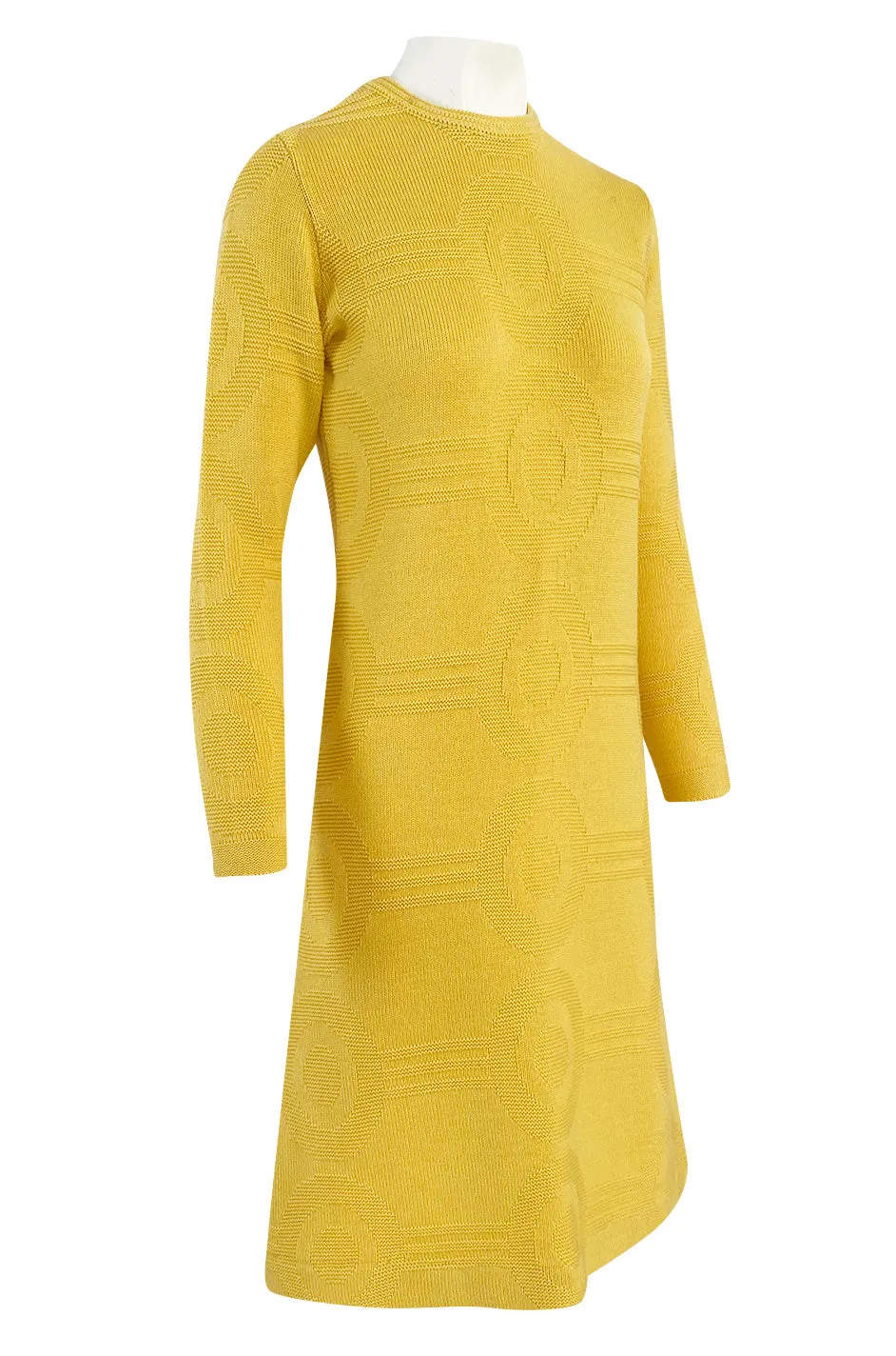 1960s Pierre Cardin Yellow Knit Mod Dress w Raised Circular Ribbed Pattern