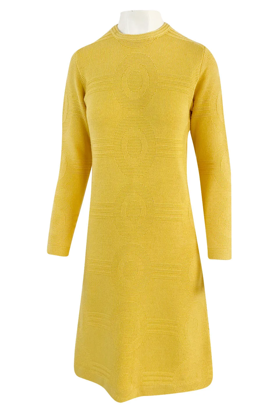 1960s Pierre Cardin Yellow Knit Mod Dress w Raised Circular Ribbed Pattern