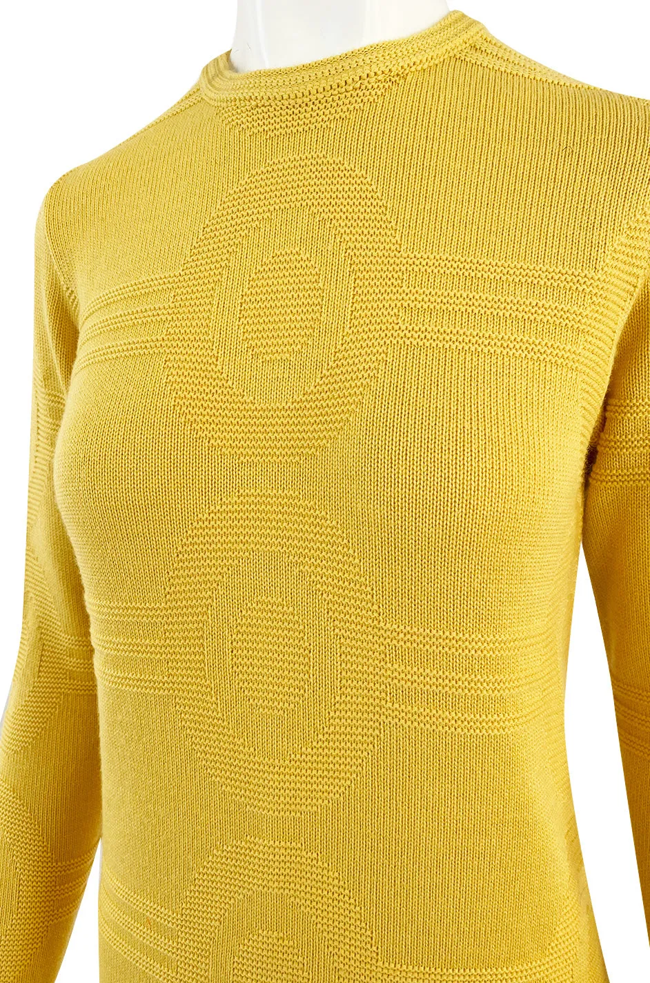 1960s Pierre Cardin Yellow Knit Mod Dress w Raised Circular Ribbed Pattern
