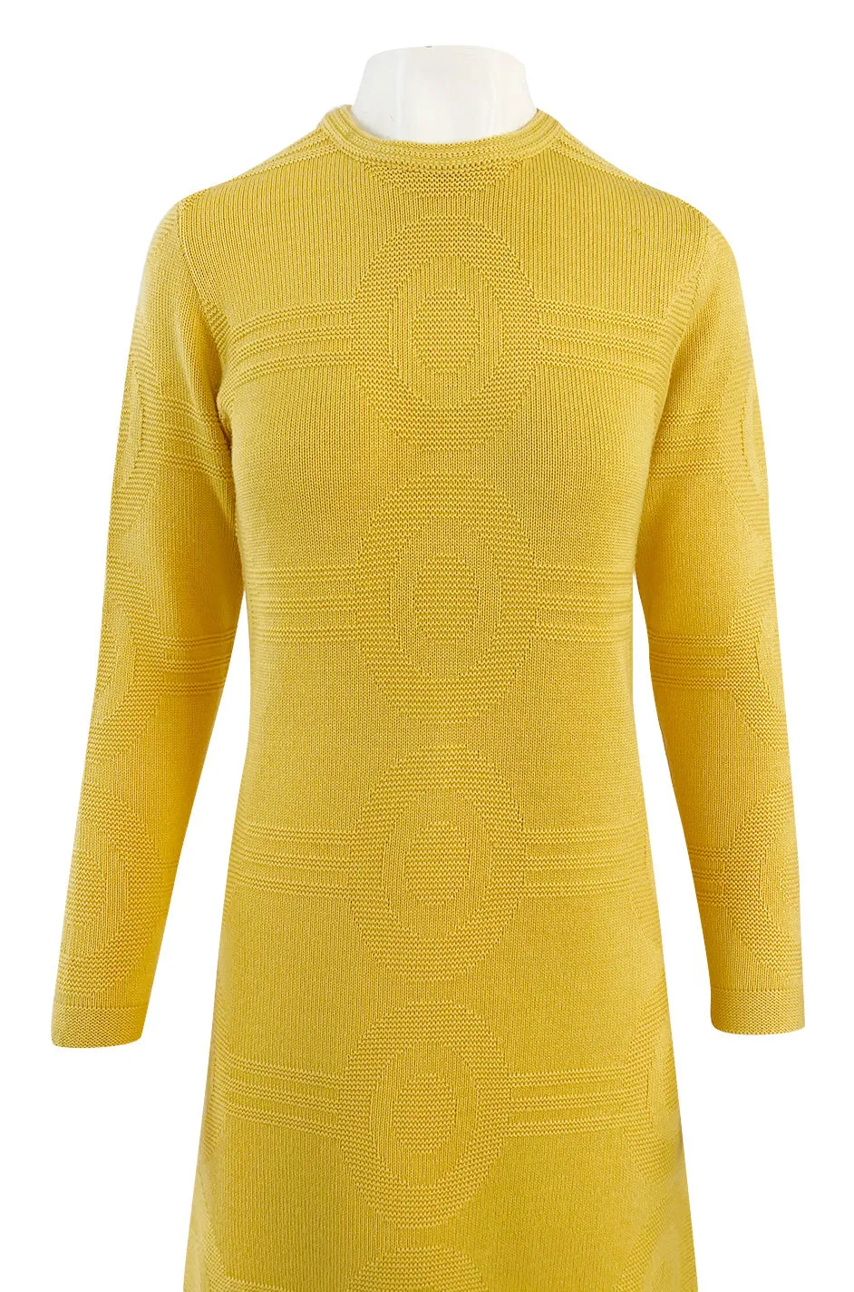 1960s Pierre Cardin Yellow Knit Mod Dress w Raised Circular Ribbed Pattern