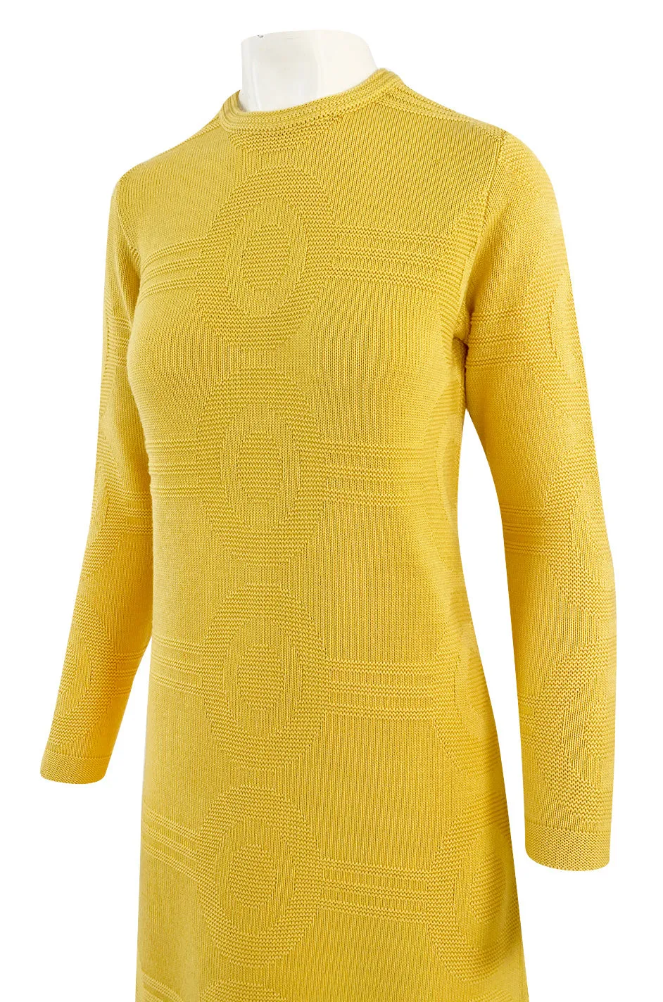 1960s Pierre Cardin Yellow Knit Mod Dress w Raised Circular Ribbed Pattern