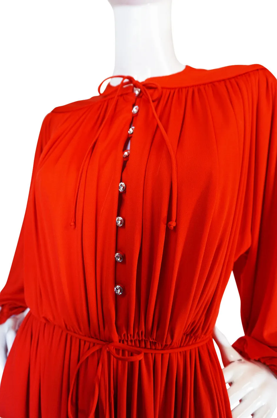 1970s Donald Brooks Red Jersey Crystal Button Dress
