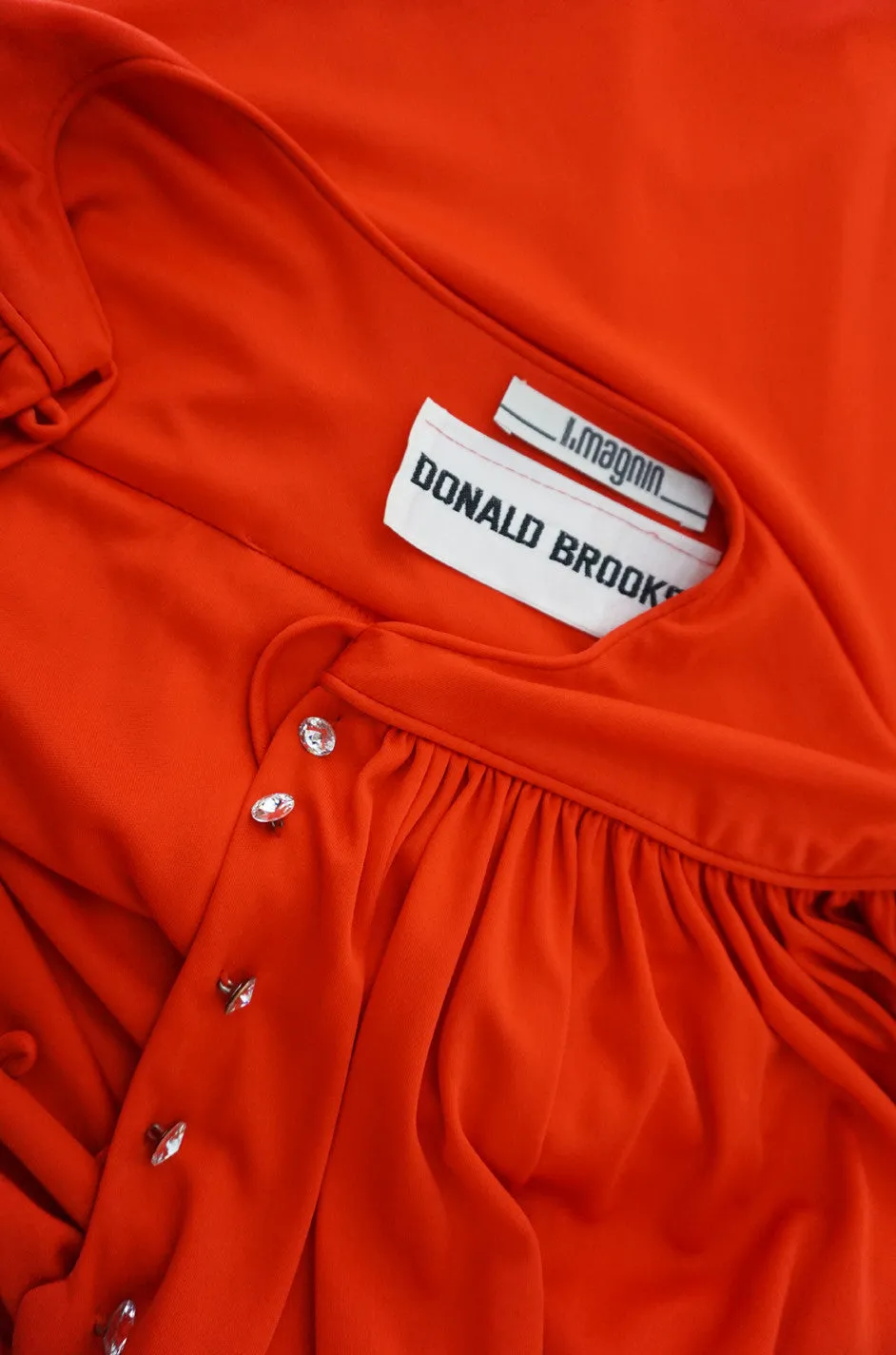 1970s Donald Brooks Red Jersey Crystal Button Dress