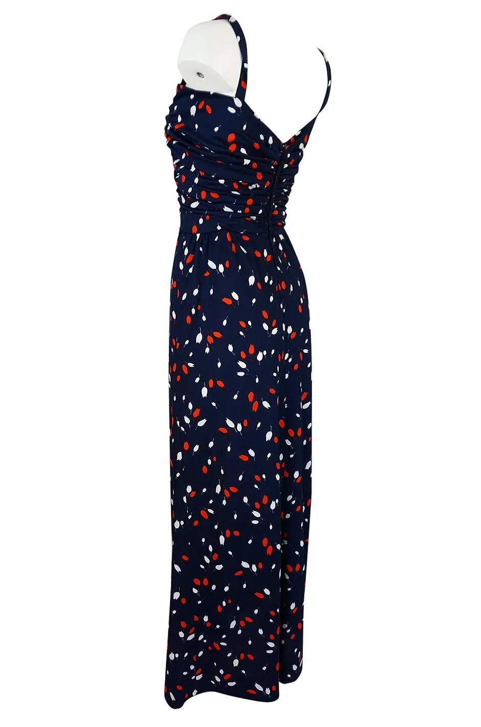 1970s Givenchy Red & White Floral Print Blue Jersey Summer Dress