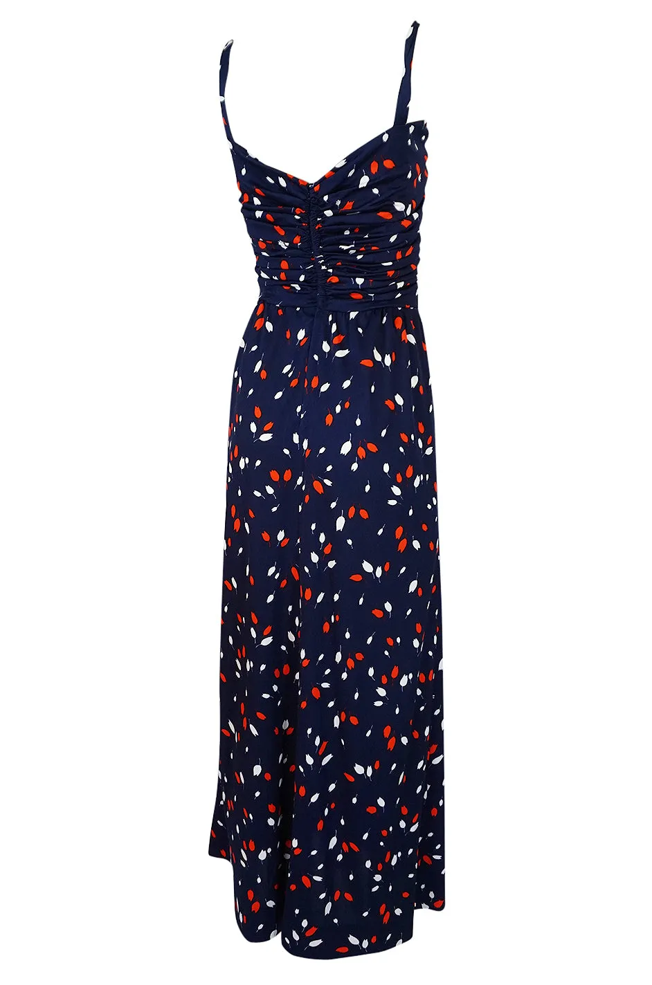 1970s Givenchy Red & White Floral Print Blue Jersey Summer Dress