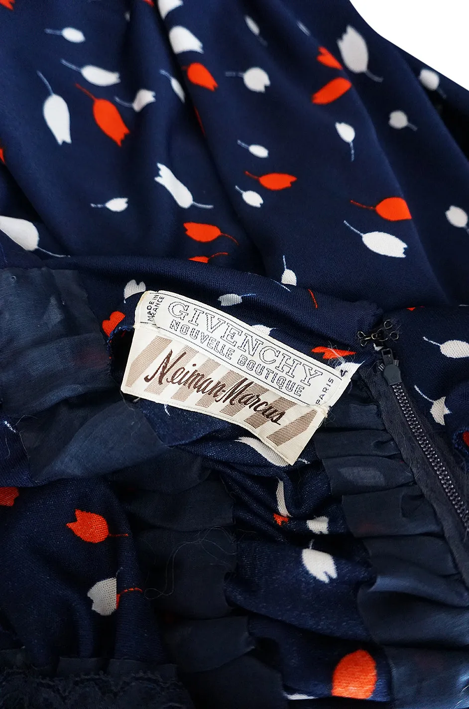 1970s Givenchy Red & White Floral Print Blue Jersey Summer Dress