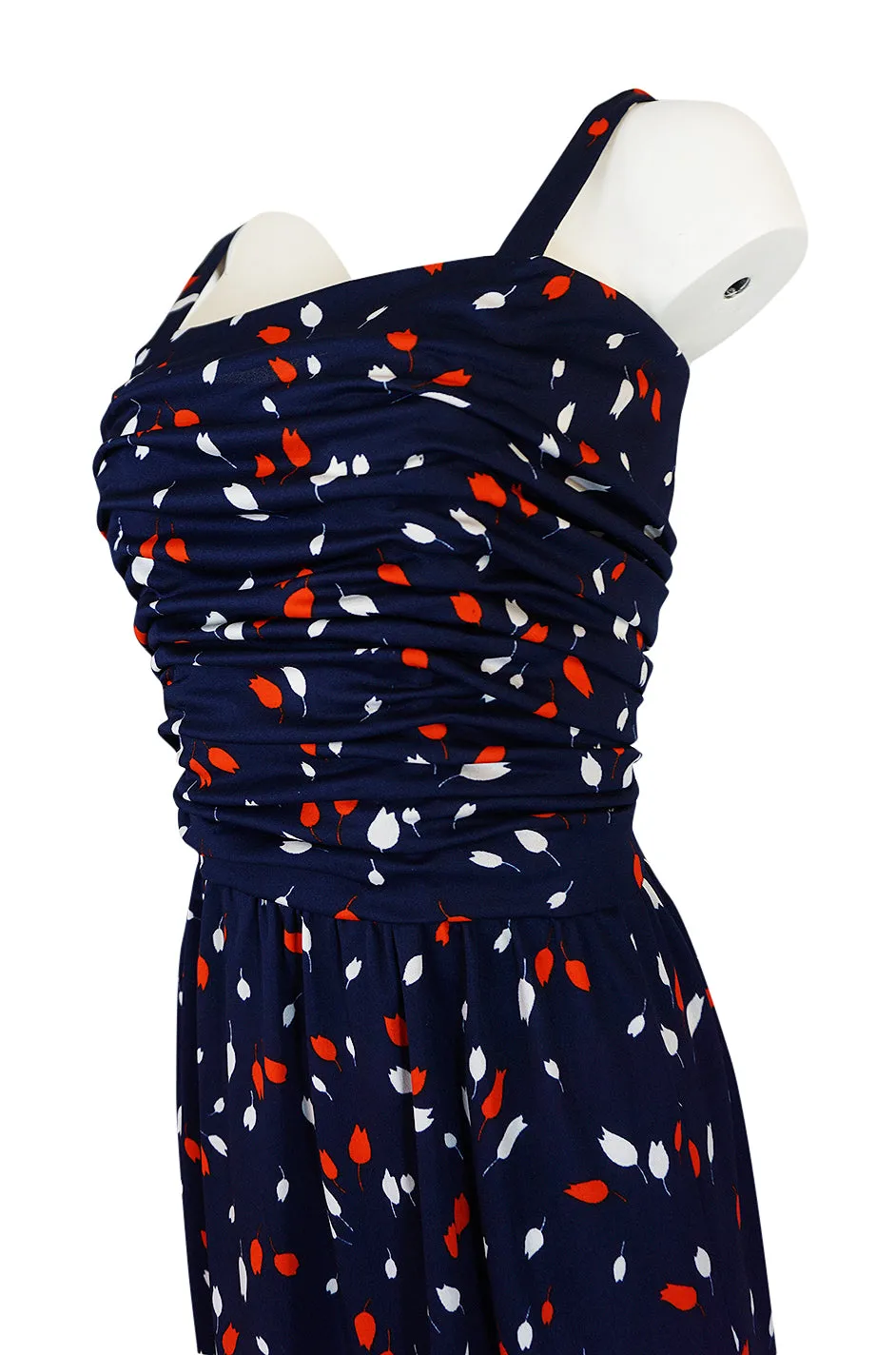 1970s Givenchy Red & White Floral Print Blue Jersey Summer Dress