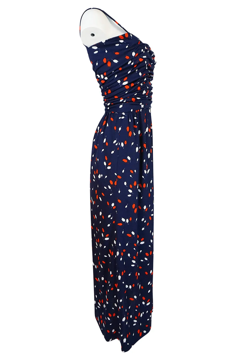 1970s Givenchy Red & White Floral Print Blue Jersey Summer Dress