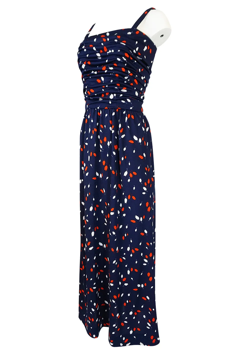 1970s Givenchy Red & White Floral Print Blue Jersey Summer Dress