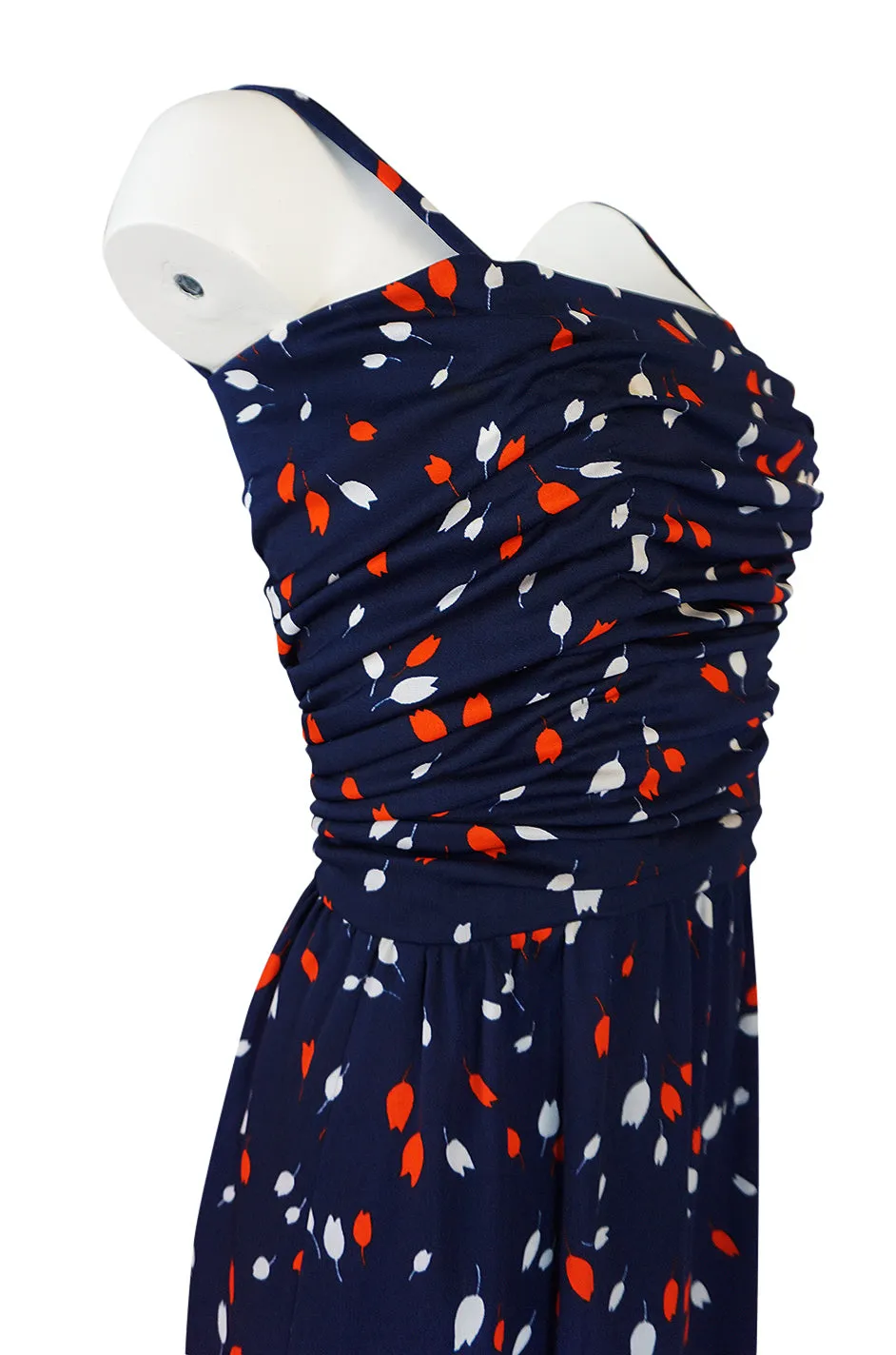 1970s Givenchy Red & White Floral Print Blue Jersey Summer Dress