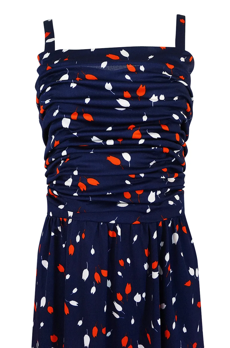 1970s Givenchy Red & White Floral Print Blue Jersey Summer Dress