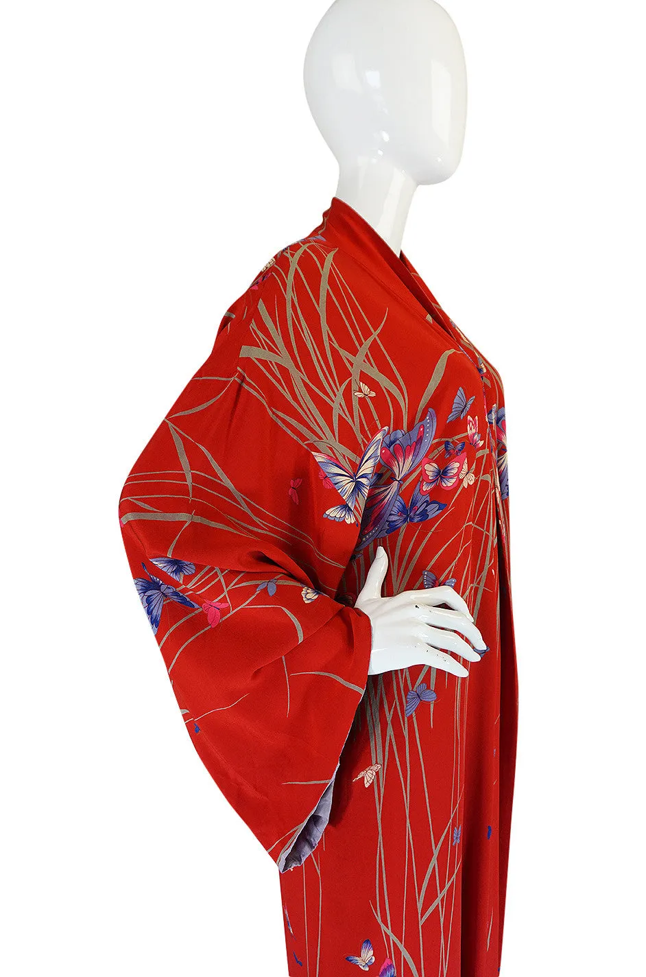 1970s Hanae Mori Red Silk Butterfly Print Kimono