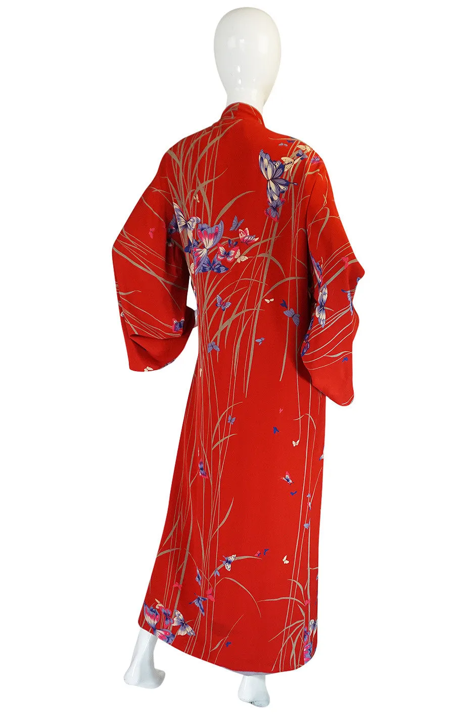 1970s Hanae Mori Red Silk Butterfly Print Kimono