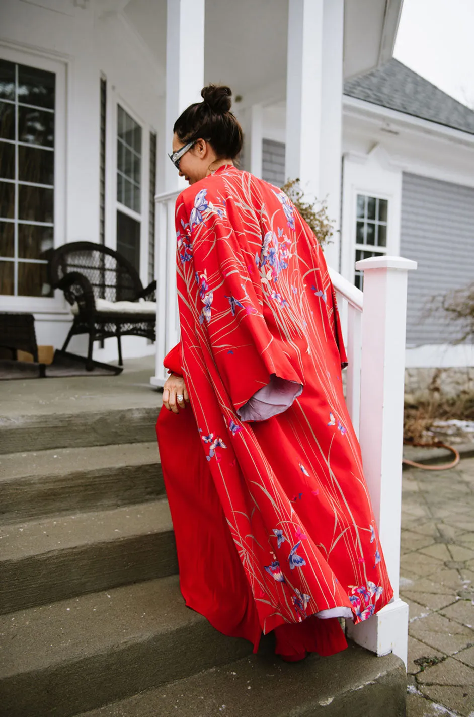 1970s Hanae Mori Red Silk Butterfly Print Kimono