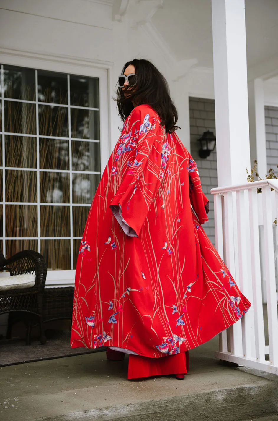 1970s Hanae Mori Red Silk Butterfly Print Kimono