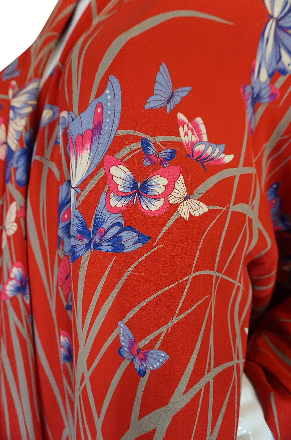 1970s Hanae Mori Red Silk Butterfly Print Kimono