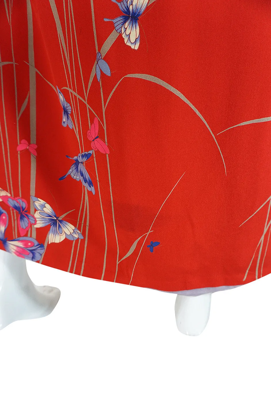 1970s Hanae Mori Red Silk Butterfly Print Kimono