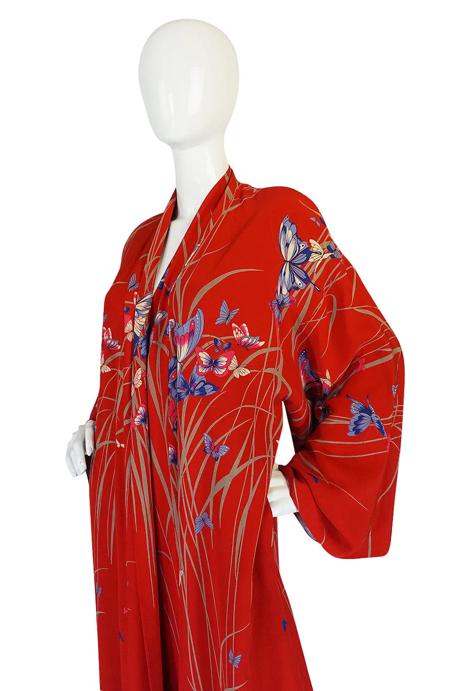 1970s Hanae Mori Red Silk Butterfly Print Kimono
